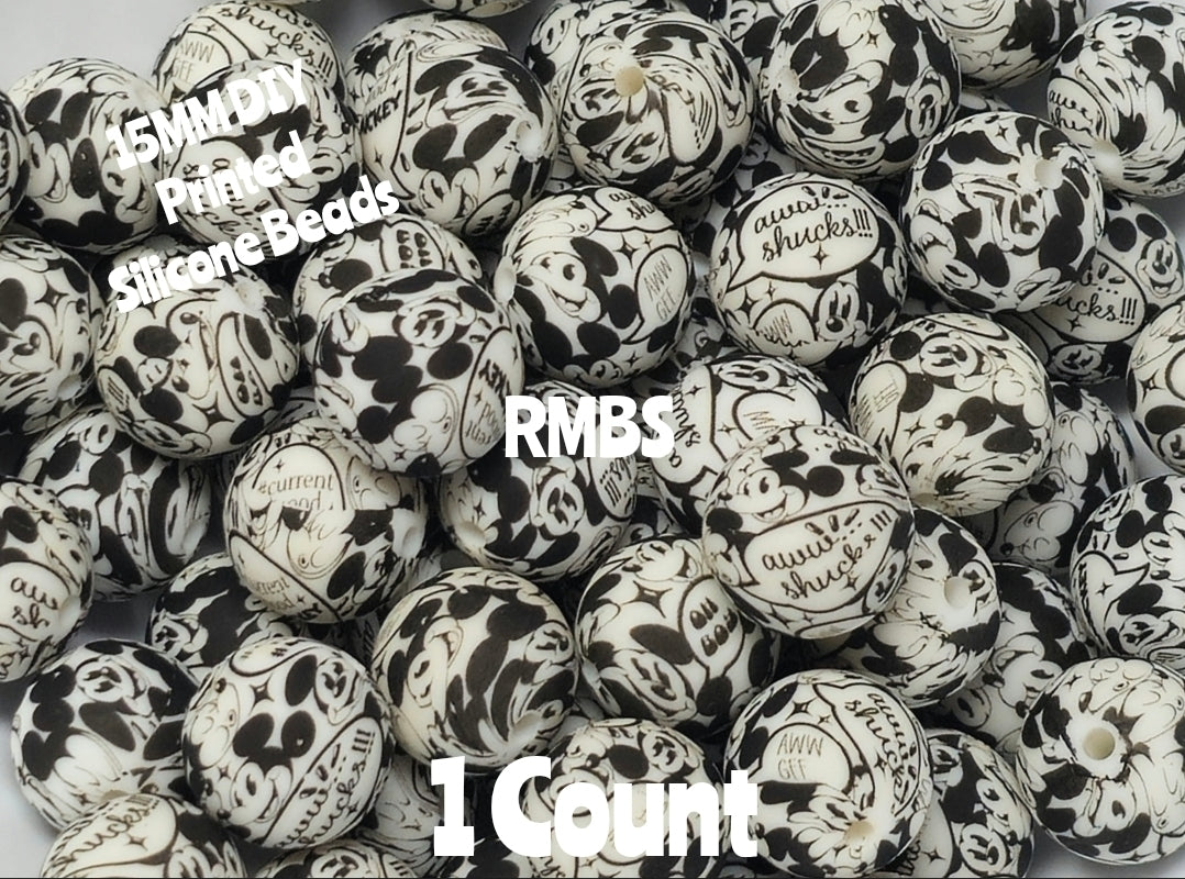 New 1 Count 15mm Printed Beads Character Mickey Mouse Aww Shucks Beads Craft Supplies