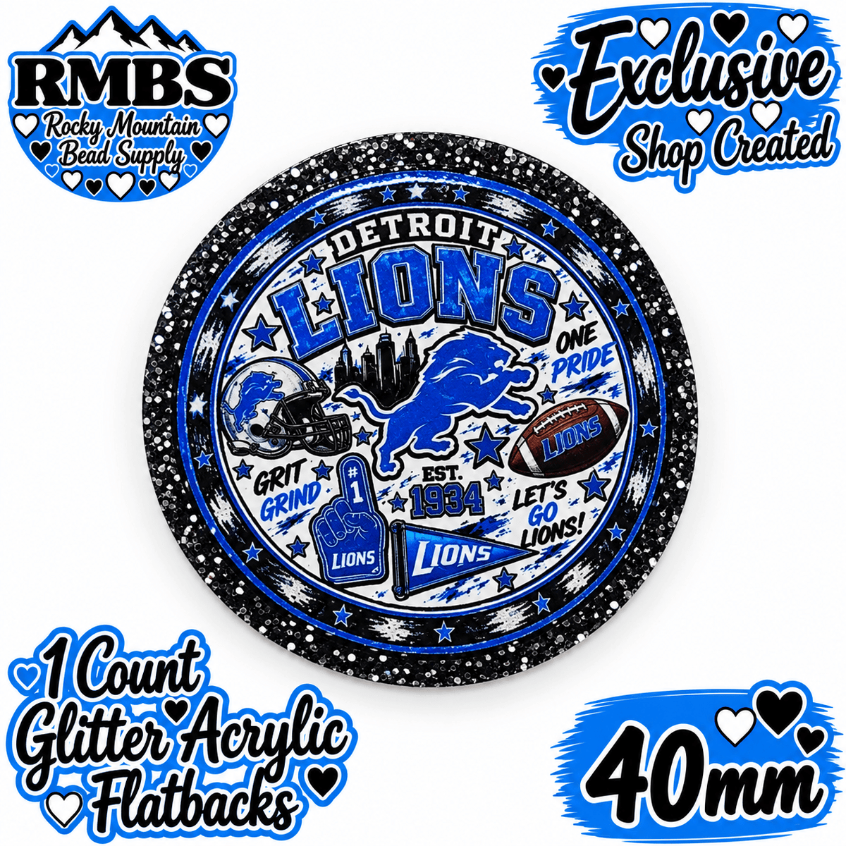 Exclusive 1 Count Custom Exclusive Glitter Acrylic Flatback 40mm LIONS