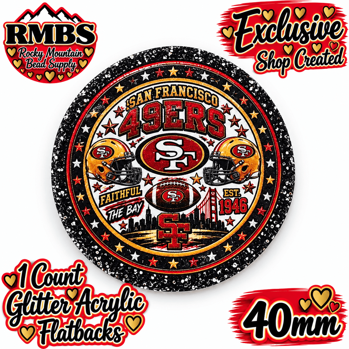 Exclusive 1 Count Custom Exclusive Glitter Acrylic Flatback 40mm 49ers