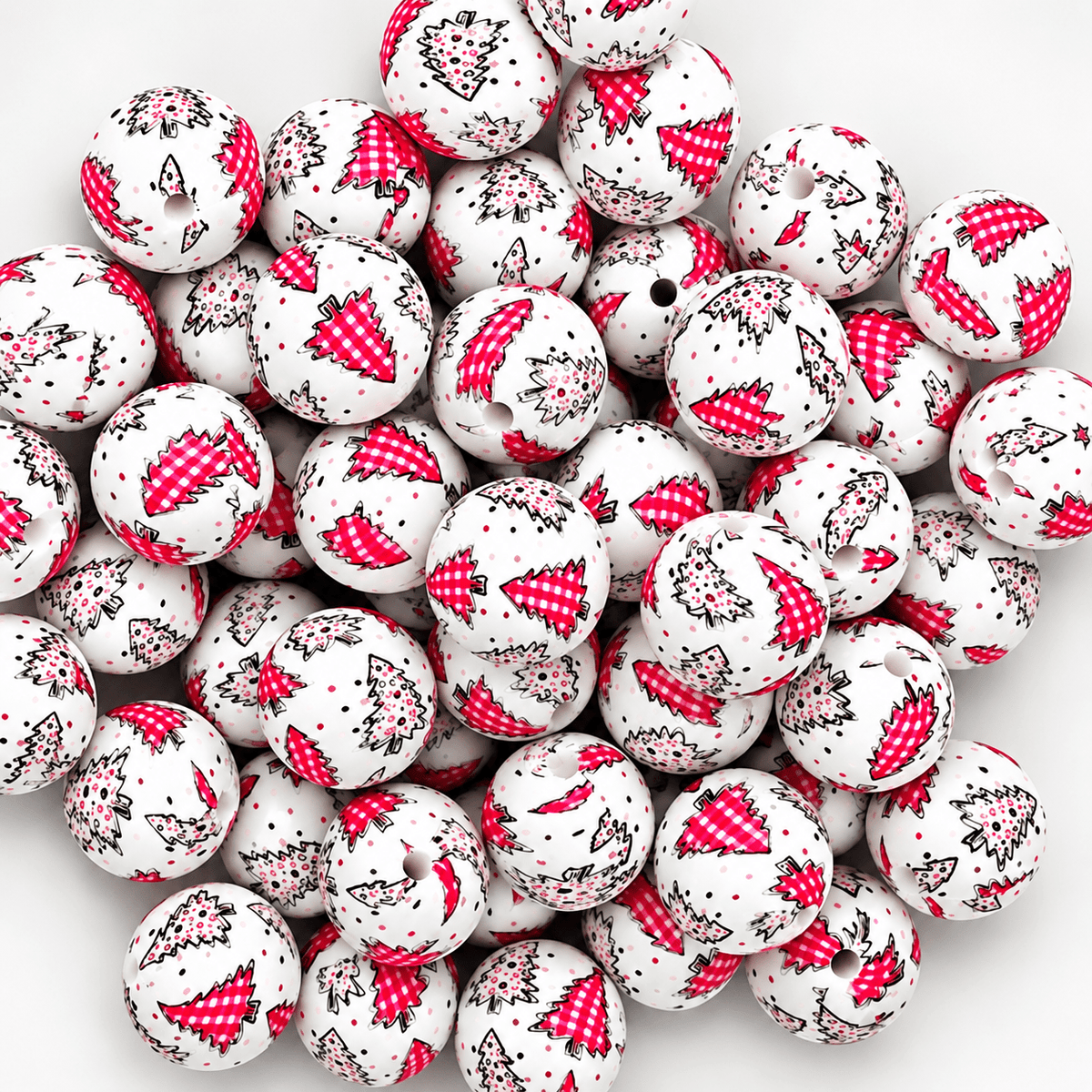 New 1 Count DIY Silicone Beads 15mm printed Christmas Trees Red White Plaids