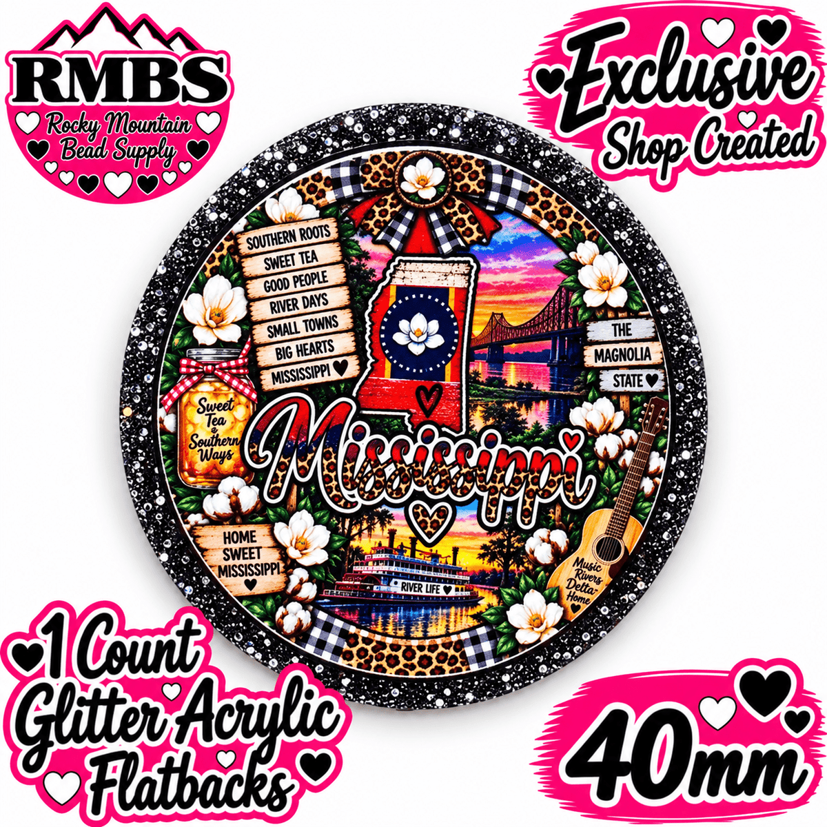 Exclusive 1 Count Custom Exclusive Glitter Acrylic Flatback 40mm STATE MISSISSIPPI
