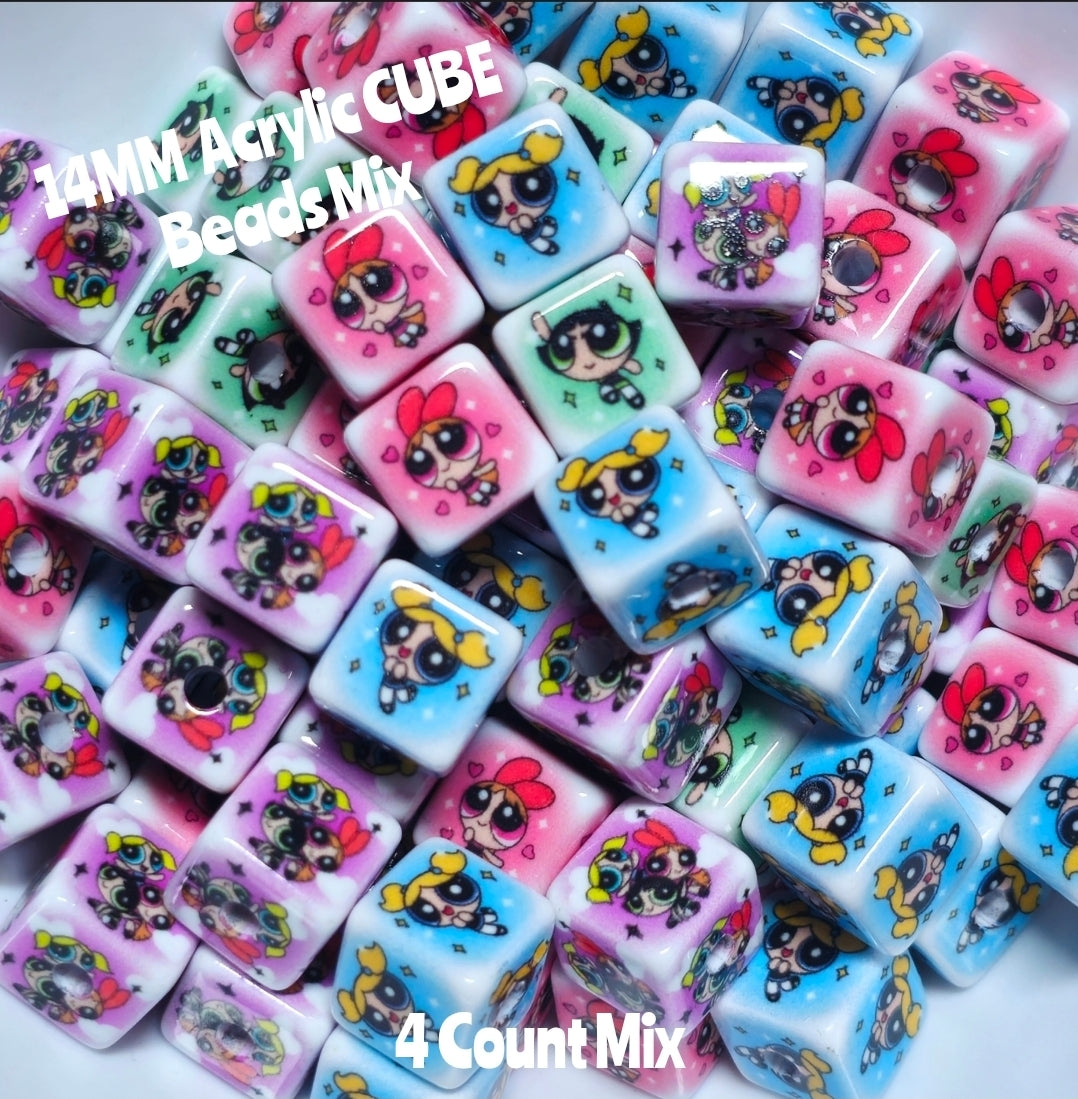4 Count 16MM DIY Cubed Acrylic Beads Character Girl Power Powder Puff Girls Craft Supplies