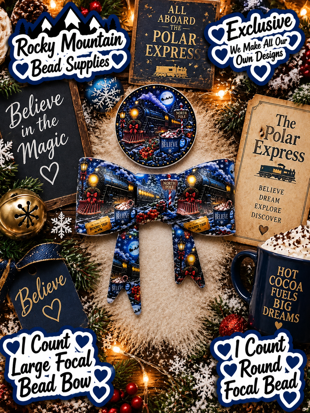 New Shop Exclusive 1 Count Large Silicone Bow 1 Count Focal Bead Round Polar Express