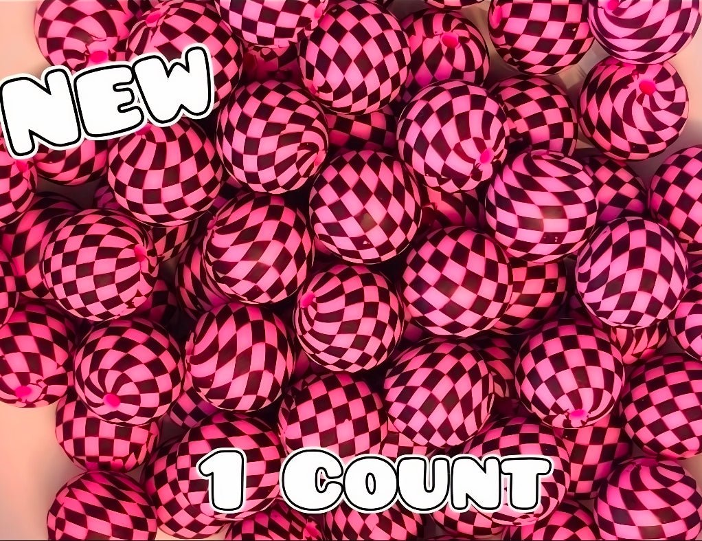 New 1 Count DIY Silicone Beads 15mm printed Pink Checkered