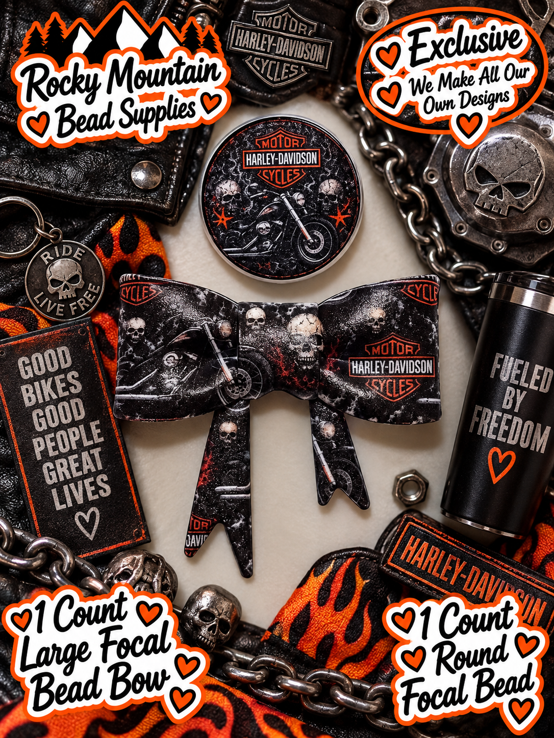 New Shop Exclusive 1 Count Large Silicone Bow 1 Count Focal Bead Round Harley Davidson