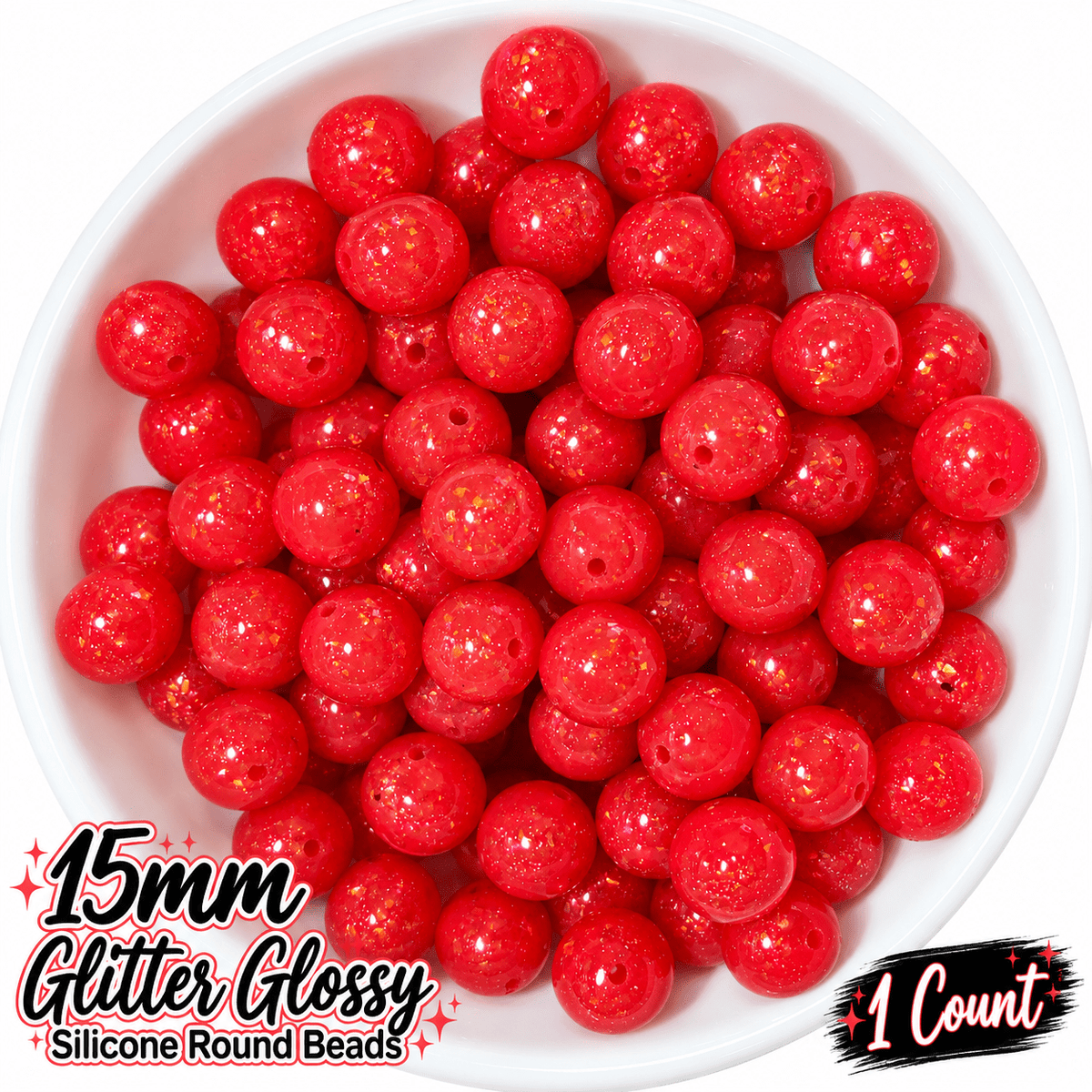 NEW Glitter 15mm DIY Silicone Beads Glossy Shiny Solids 1 Count RED