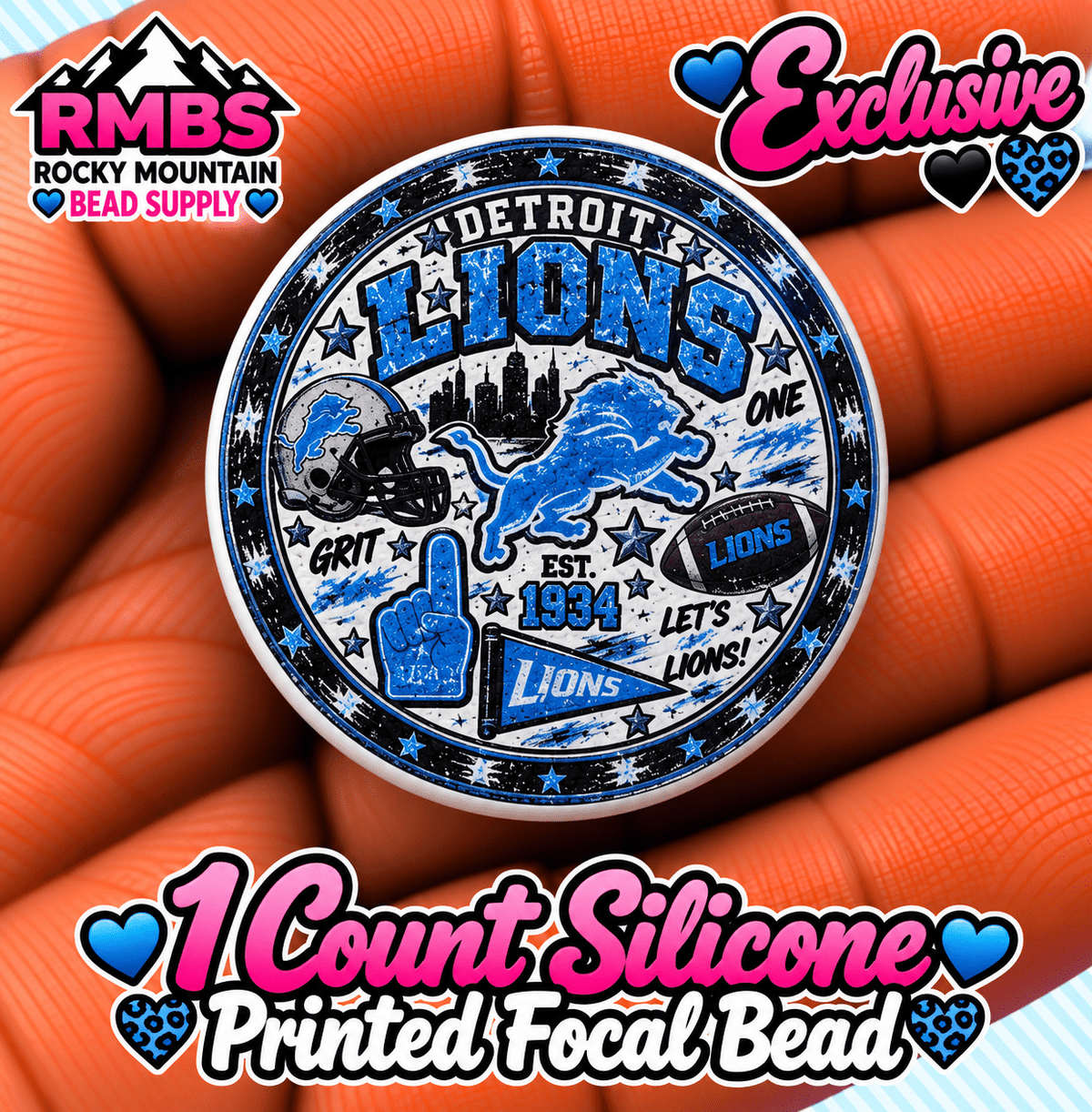 NEW Exclusive 1 count PRINTED Silicone Focal Bead FOOTBALL LIONS