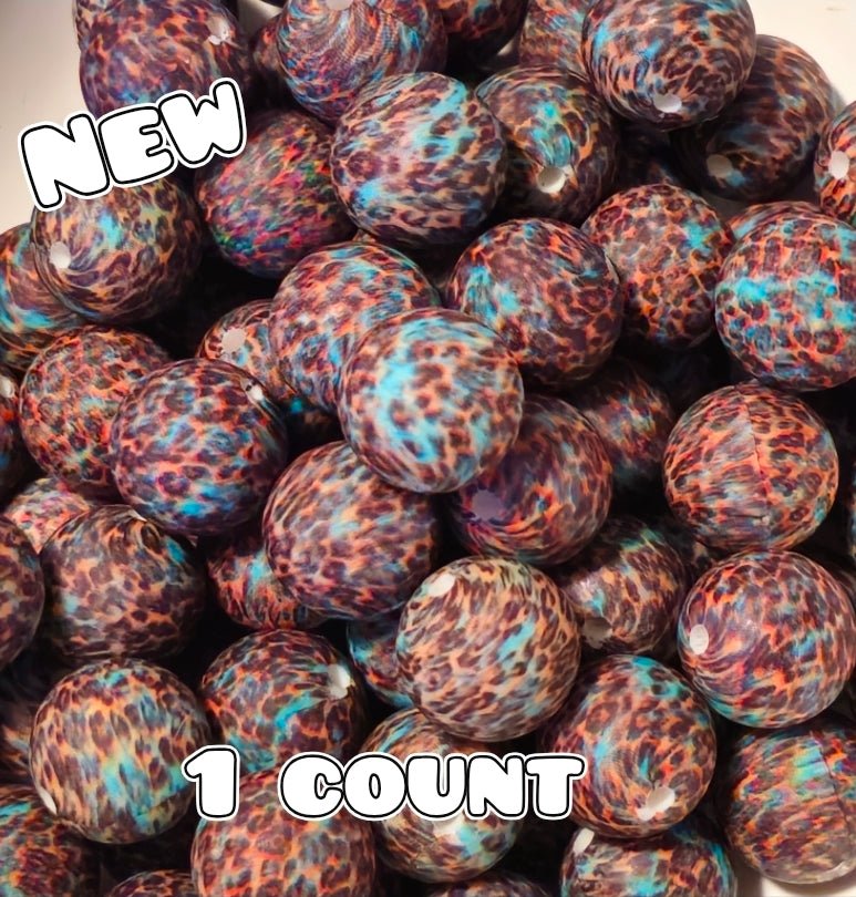 New 1 Count 15mm printed silicone beads Teal Cheetah