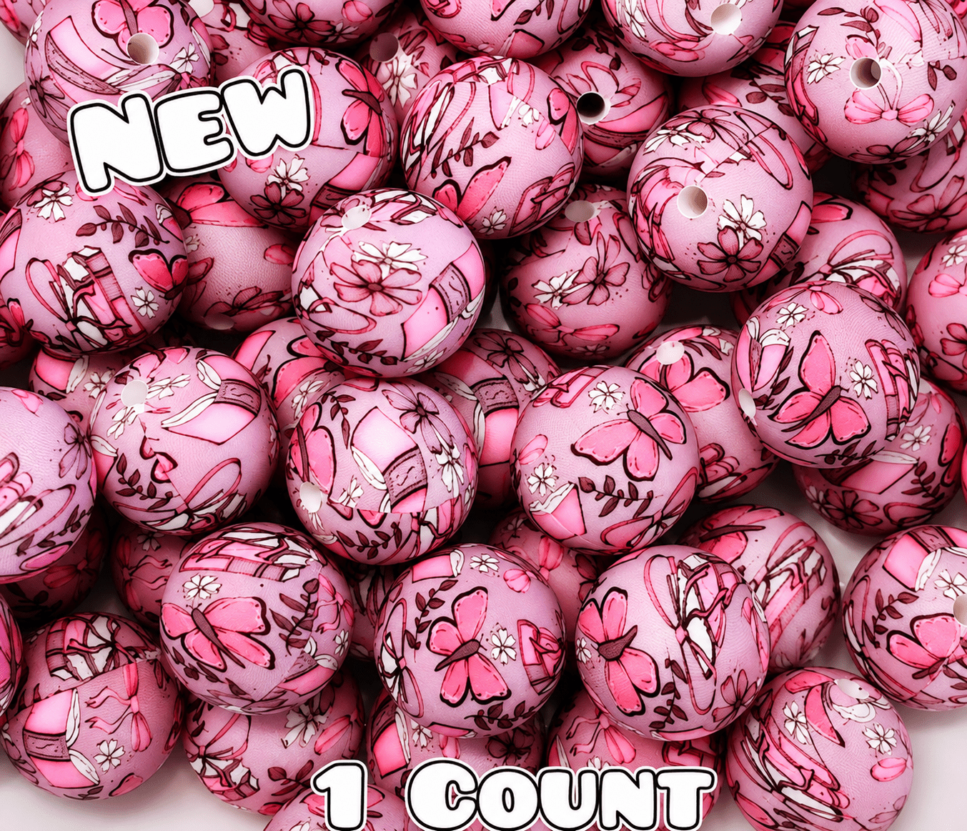 New 1 Count DIY Silicone Beads 15mm printed Butterfly & Books