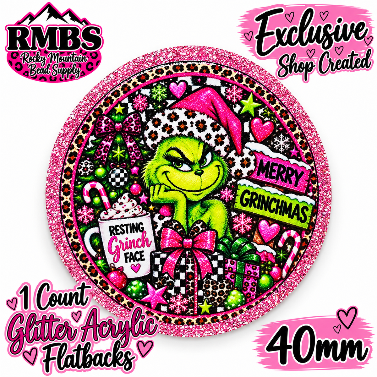 Exclusive 1 Count Custom Exclusive Glitter Acrylic Flatback 40mm MERRY GRINCHMAS