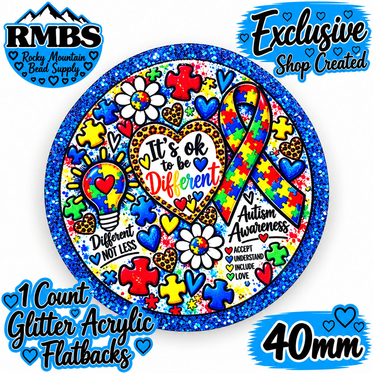 Exclusive 1 Count Custom Exclusive Glitter Acrylic Flatback 40mm AUTISM 3 RIBBON