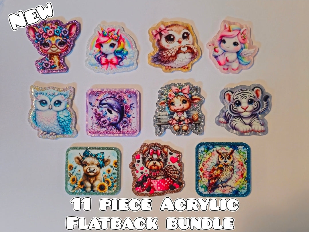11 Piece Glitter Acrylic Flatback- Acrylic Planer Resin Charm Bundle Animals