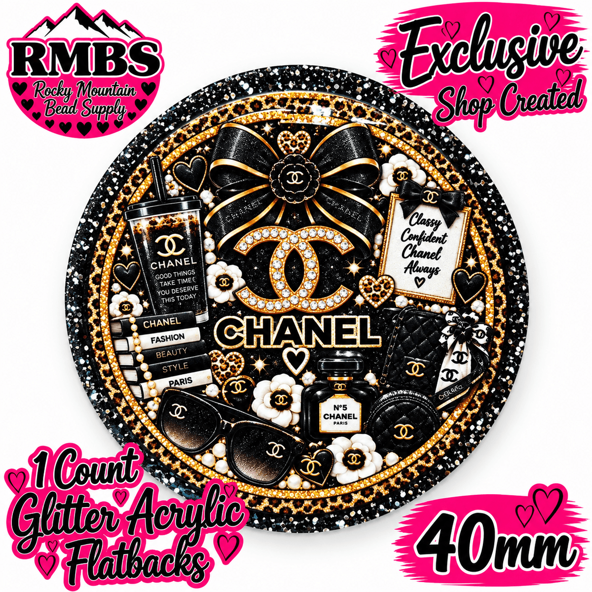 Exclusive 1 Count Custom Exclusive Glitter Acrylic Flatback 40mm CHANEL BLACK