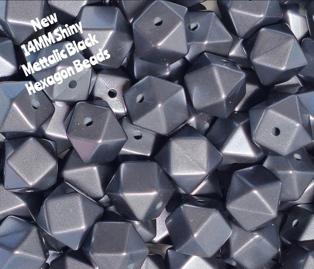 1 Count DIY Beads 14MM Mettalic BLACK Hexagon
