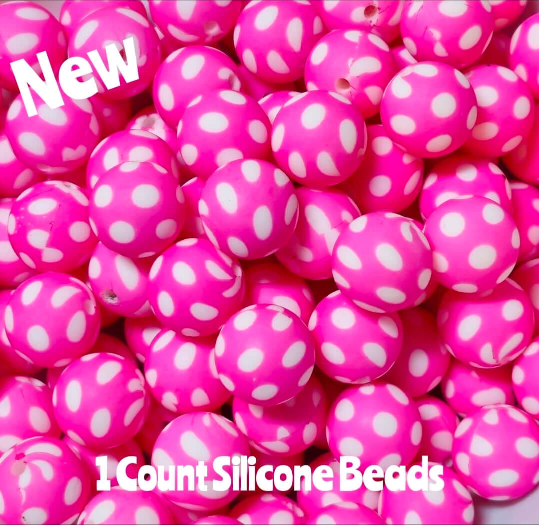 New 15mm 1 Count Pink Polka Dot printed silicone bead