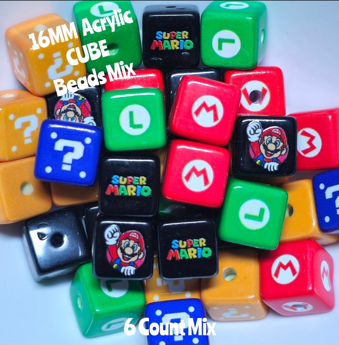 6 Count 16MM DIY Cubed Acrylic Beads Character Gaming Mario Craft Supplies