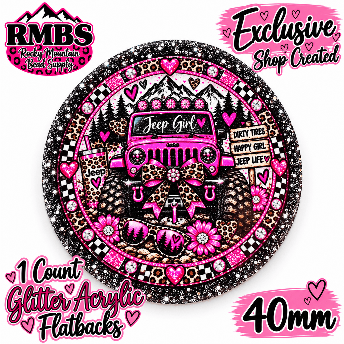 Exclusive 1 Count Custom Exclusive Glitter Acrylic Flatback 40mm JEEP GIRL