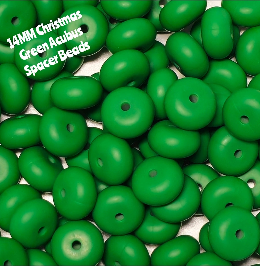 1 Count DIY 14 MM CHRITMAS GREEN Silicone SOLID Acubus Spacer Beads Craft Supplies