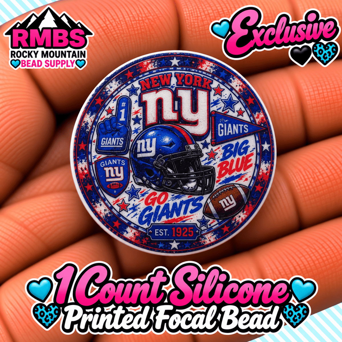 NEW Exclusive 1 count PRINTED Silicone Focal Bead FOOTBALL NY GIANTS