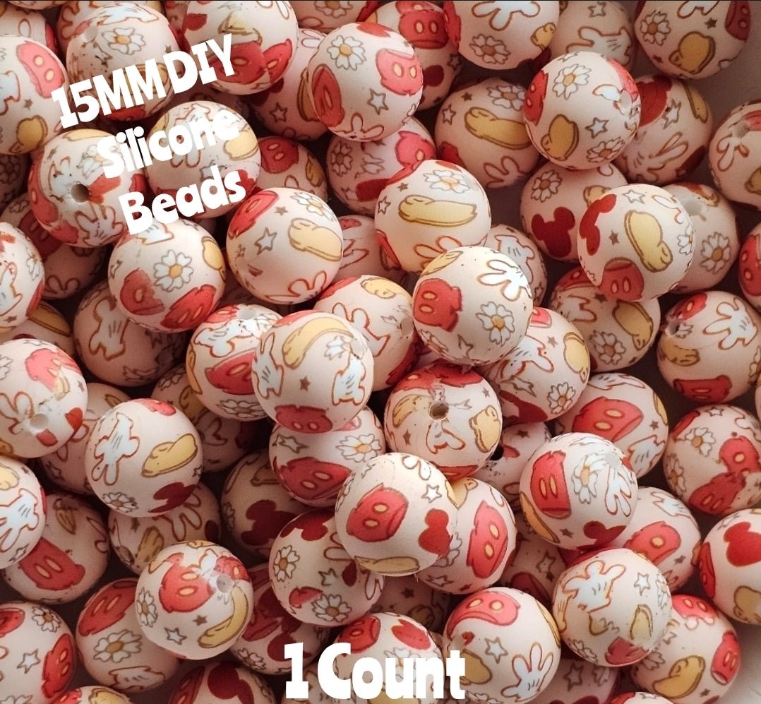 Nuevas 1 unidad de cuentas de silicona DIY de 15 mm con personaje de ratón impreso Cuentas para accesorios de bisutería