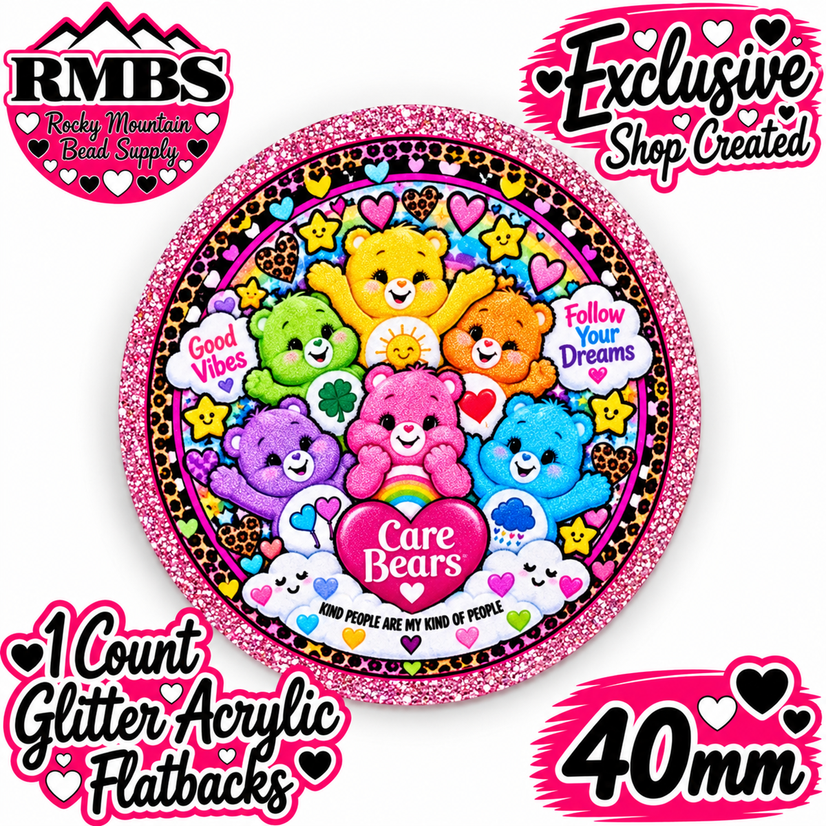 Exclusive 1 Count Custom Exclusive Glitter Acrylic Flatback 40mm CARE BEARS