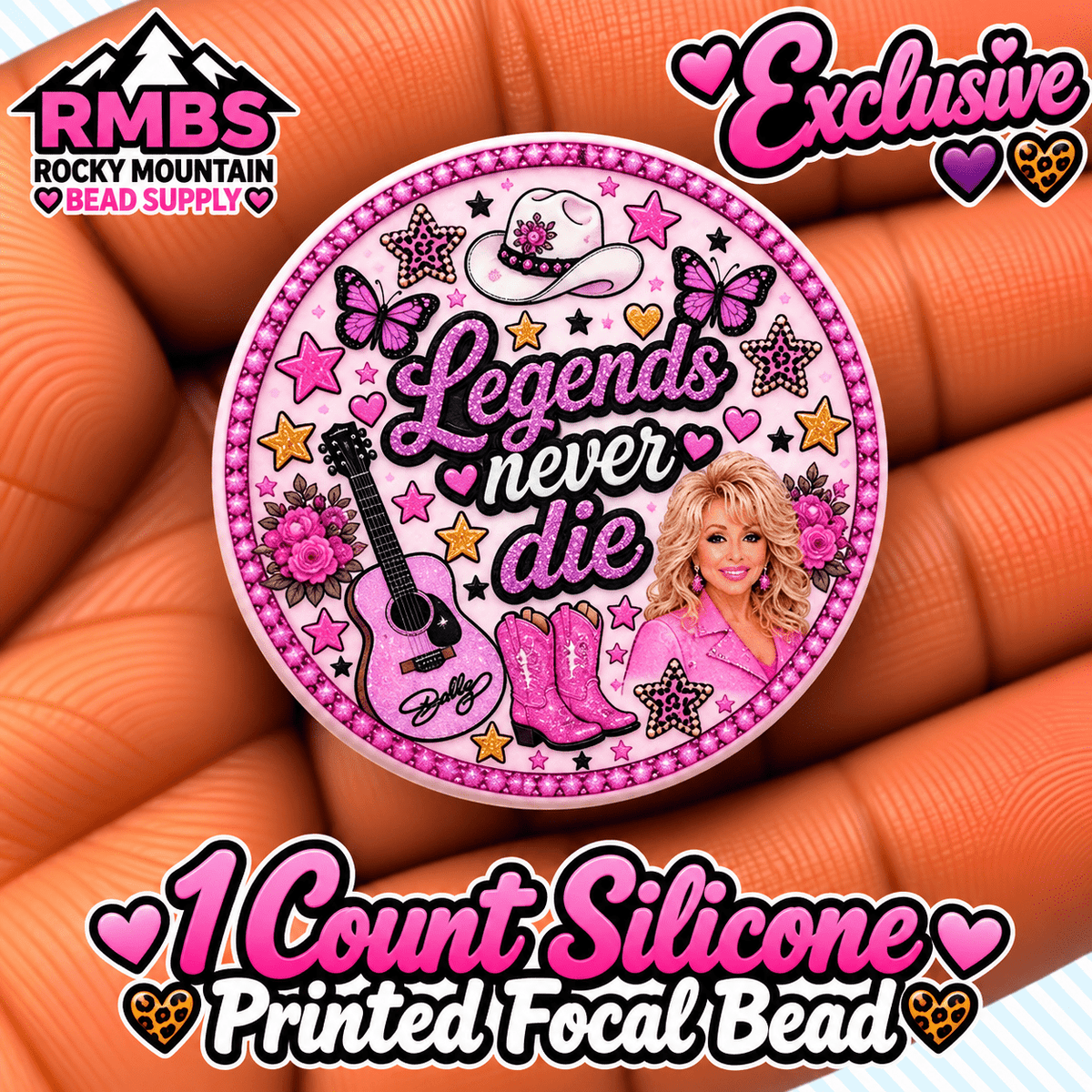 Exclusive 1 count PRINTED Silicone Focal Bead DOLLY