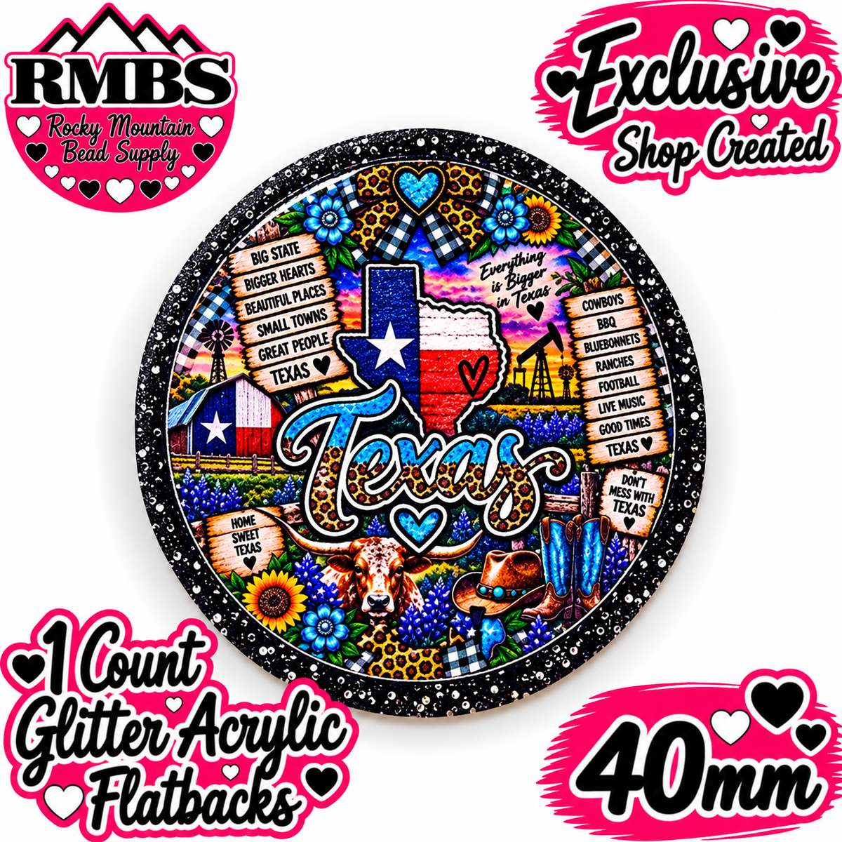 Exclusive 1 Count Custom Exclusive Glitter Acrylic Flatback 40mm STATE TEXAS