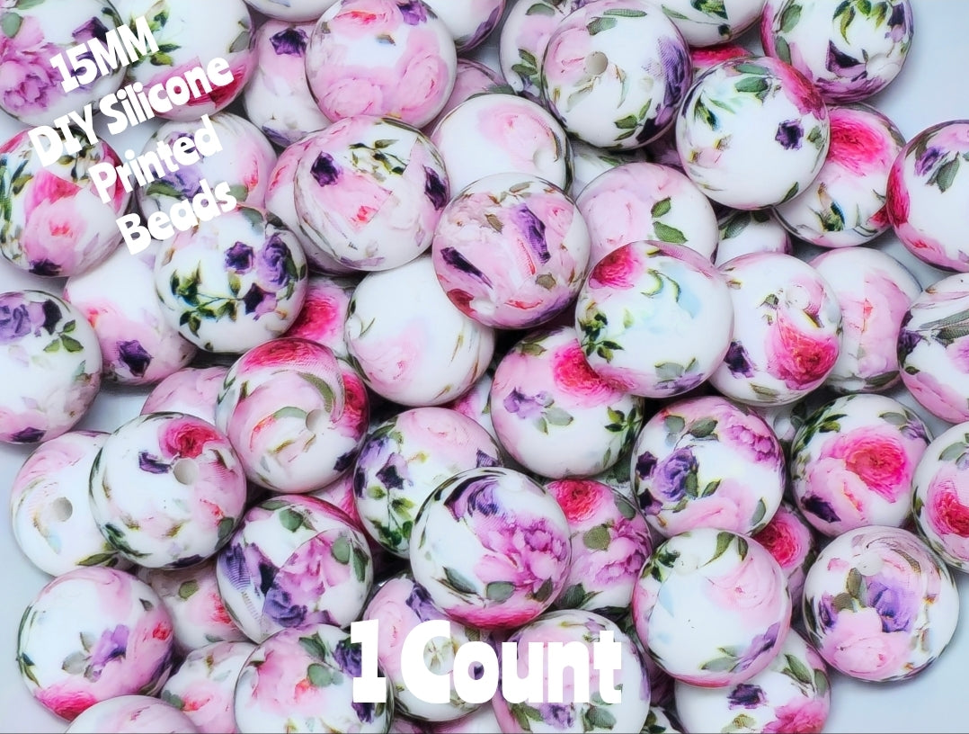 New 1 Count 15mm Printed Beads Rose Floral DIY beads