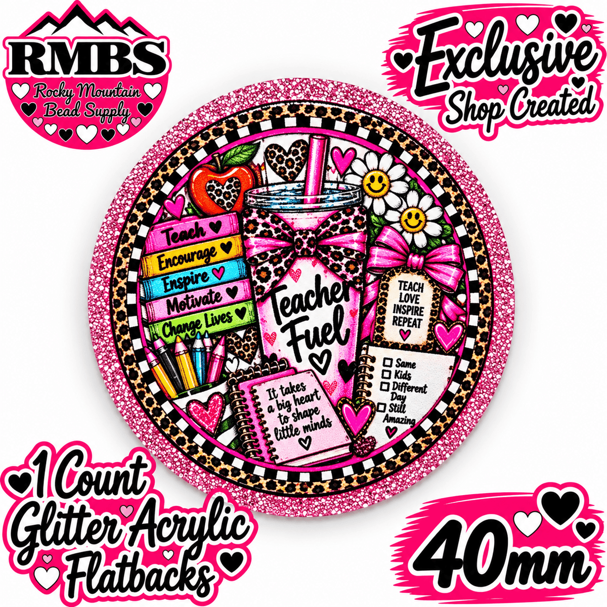 Exclusive 1 Count Custom Exclusive Glitter Acrylic Flatback 40mm TEACHER FUEL