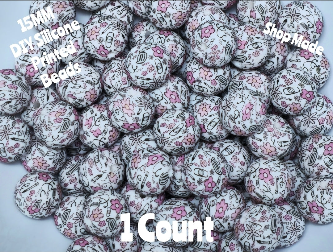 New 1 Count DIY Silicone Beads 15mm printed medical flower beadable accessories