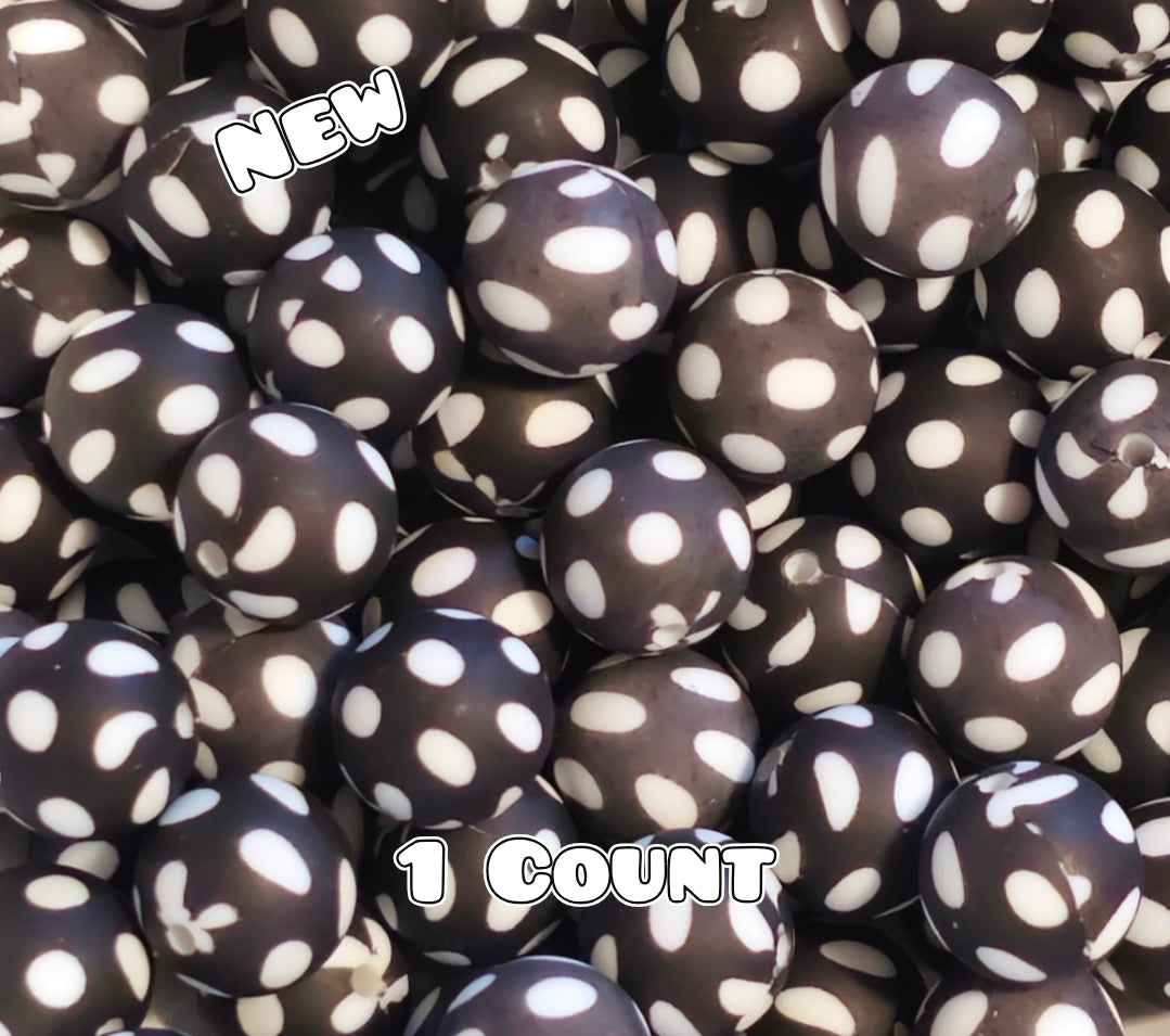 New 1 Count DIY Silicone Beads 15mm printed Black Polka Dots