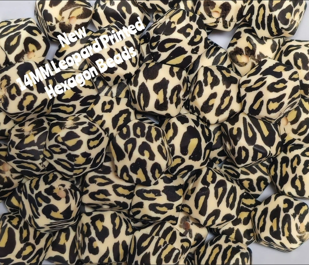 1 Count DIY Beads 14MM Printed Hexagon Leopard Theme