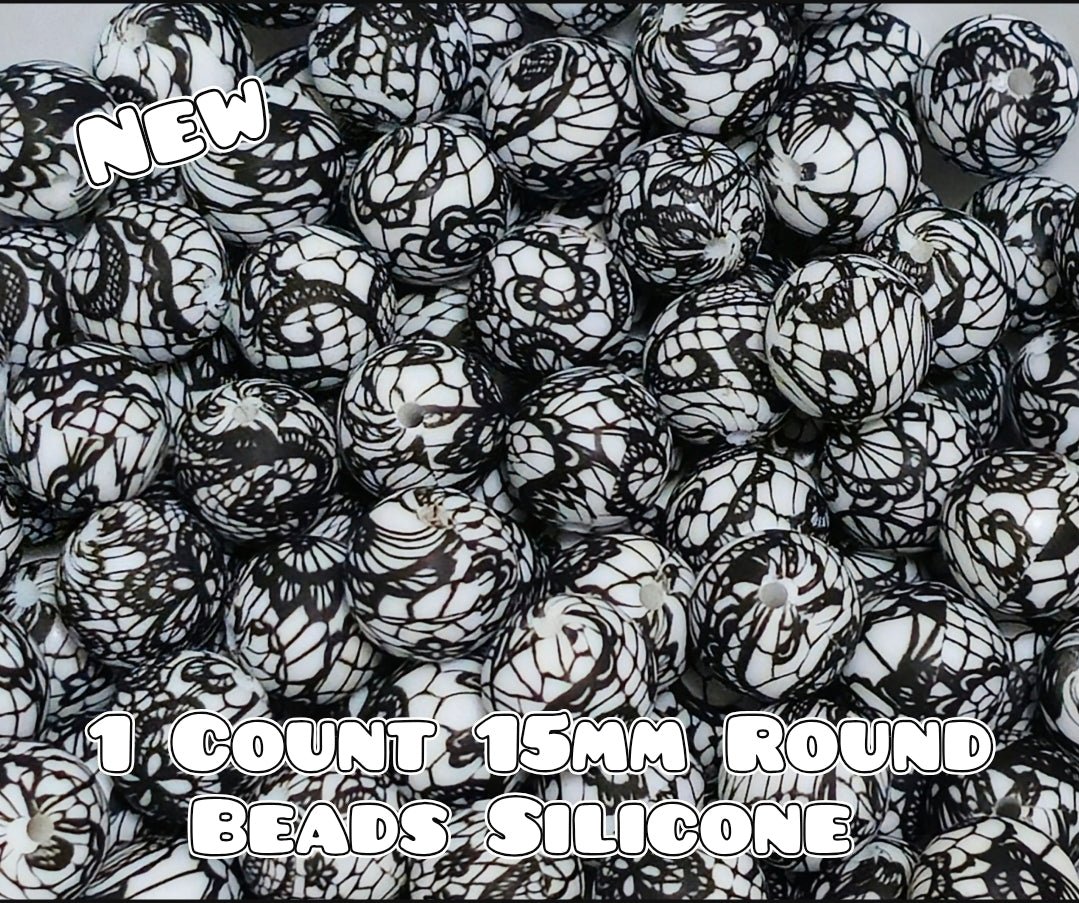 Nuevas cuentas de silicona impresas de 15 mm, 1 unidad, NEGRO ENCAJE