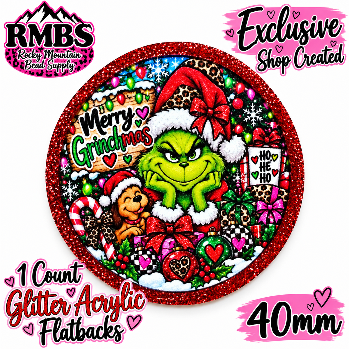 Exclusive 1 Count Custom Exclusive Glitter Acrylic Flatback 40mm MERRY GRINCHMAS