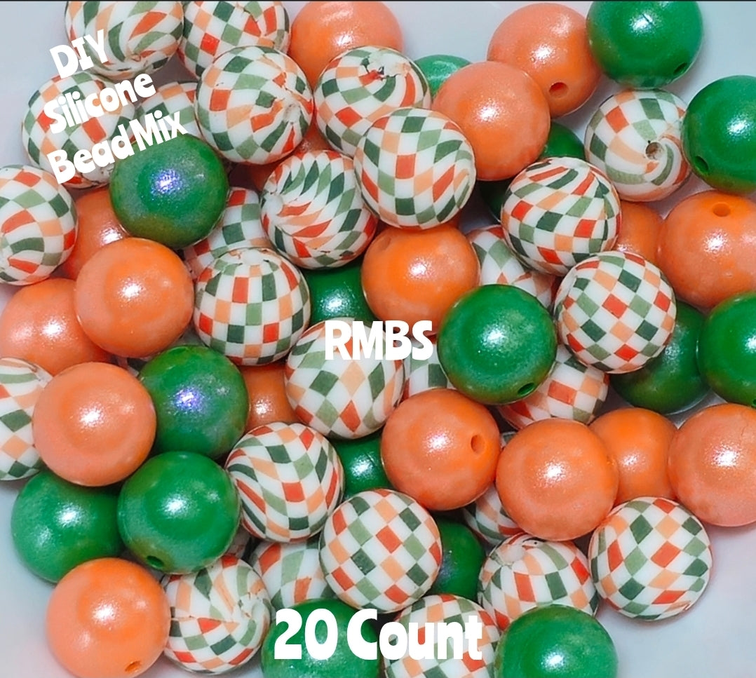 New Checkered Orange Green Bead Mix DIY Beads 20 Count. Craft Supplies