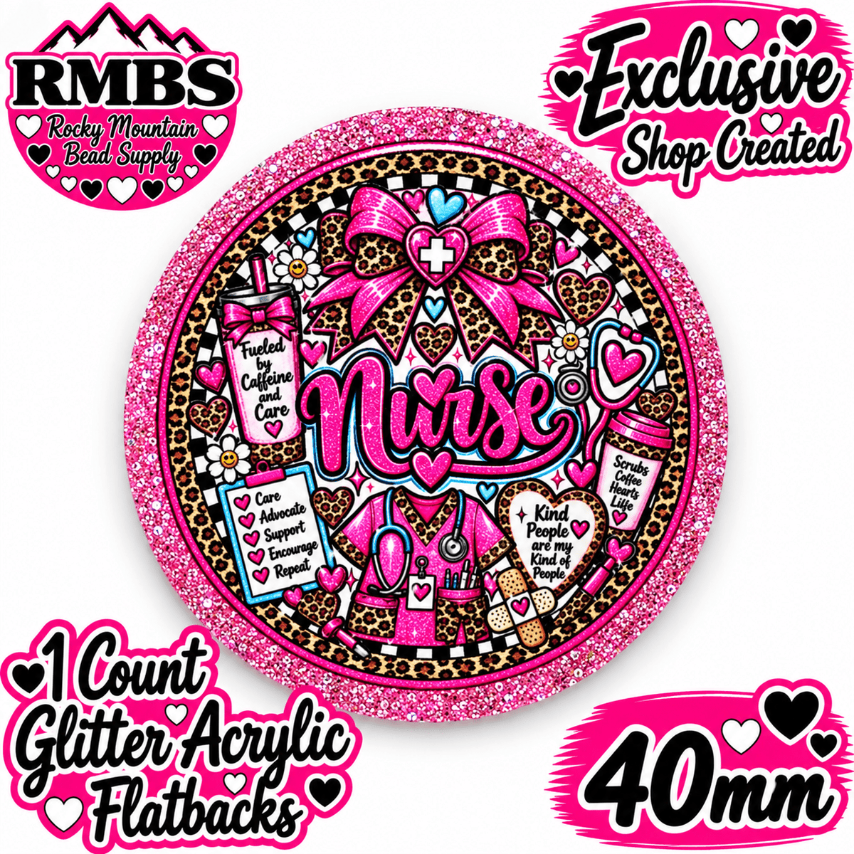 Exclusive 1 Count Custom Exclusive Glitter Acrylic Flatback 40mm NURSE 1