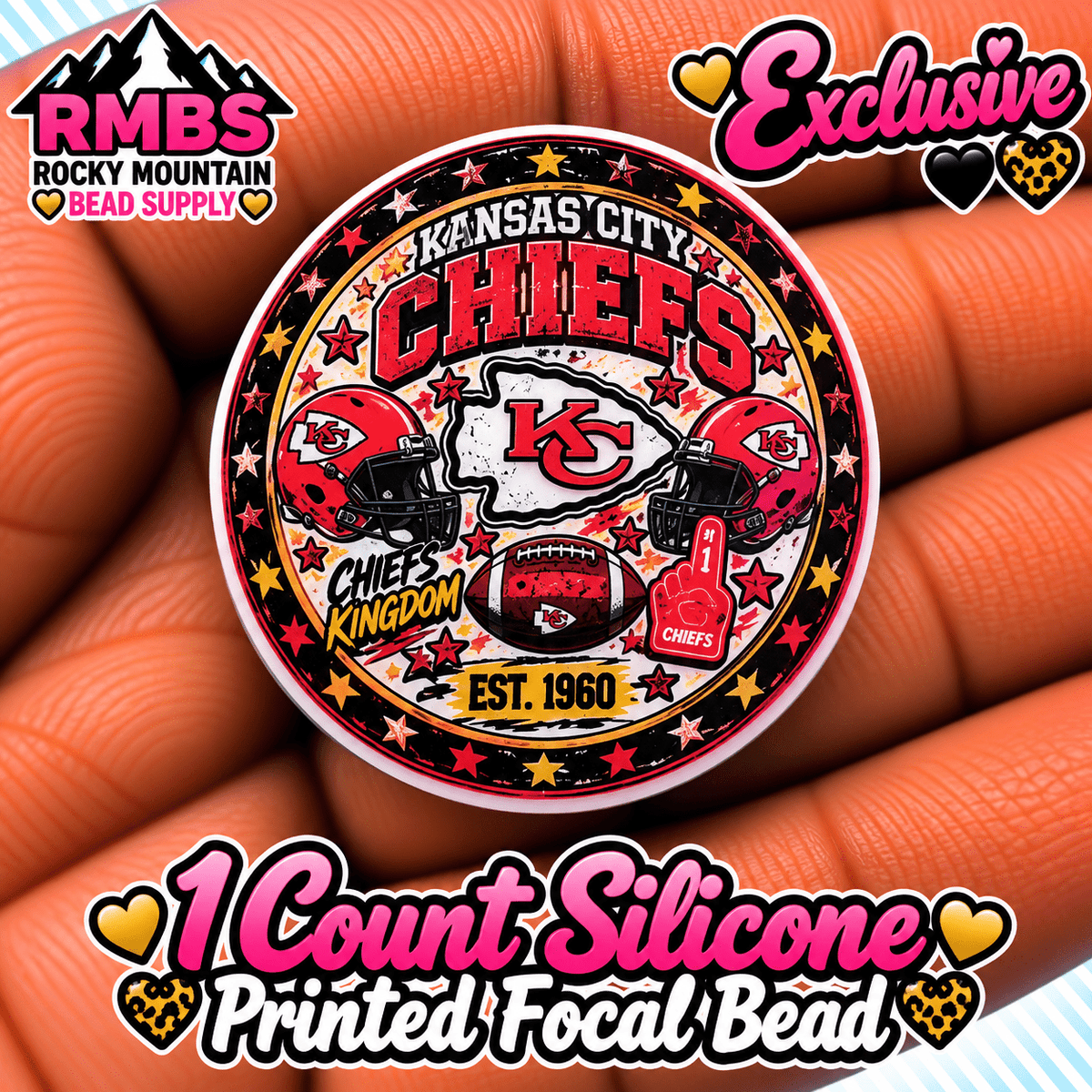 NEW Exclusive 1 count PRINTED Silicone Focal Bead FOOTBALL CHEIFS