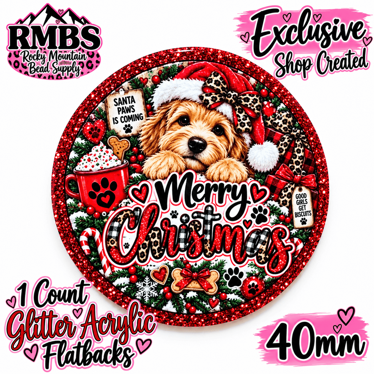 Exclusive 1 Count Custom Exclusive Glitter Acrylic Flatback 40mm MERRY CHRISTMAS DOG