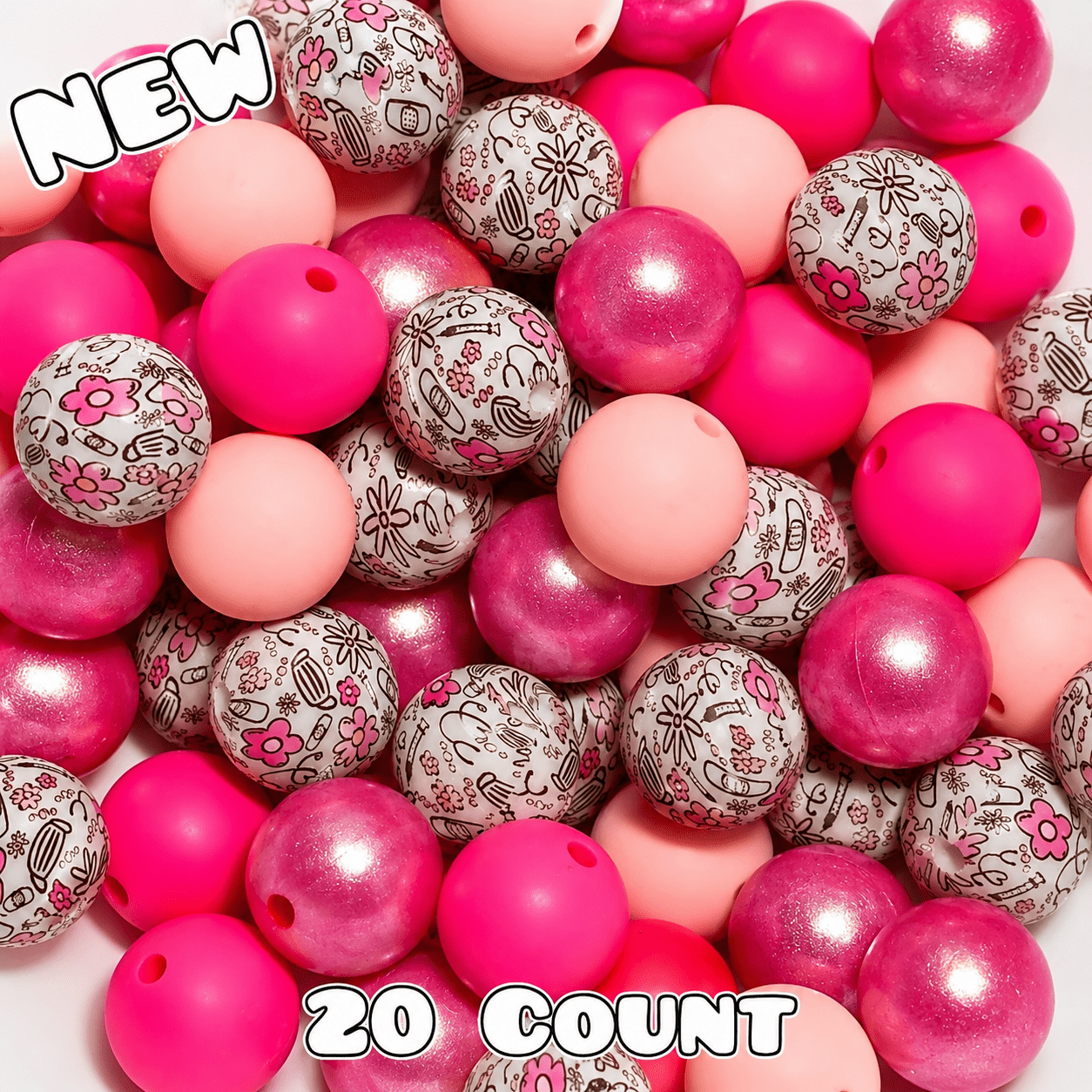 New 15mm Pink Medical Passion Floral SILICONE Bead Mix 20 count. DIY Bead Craft Supplies