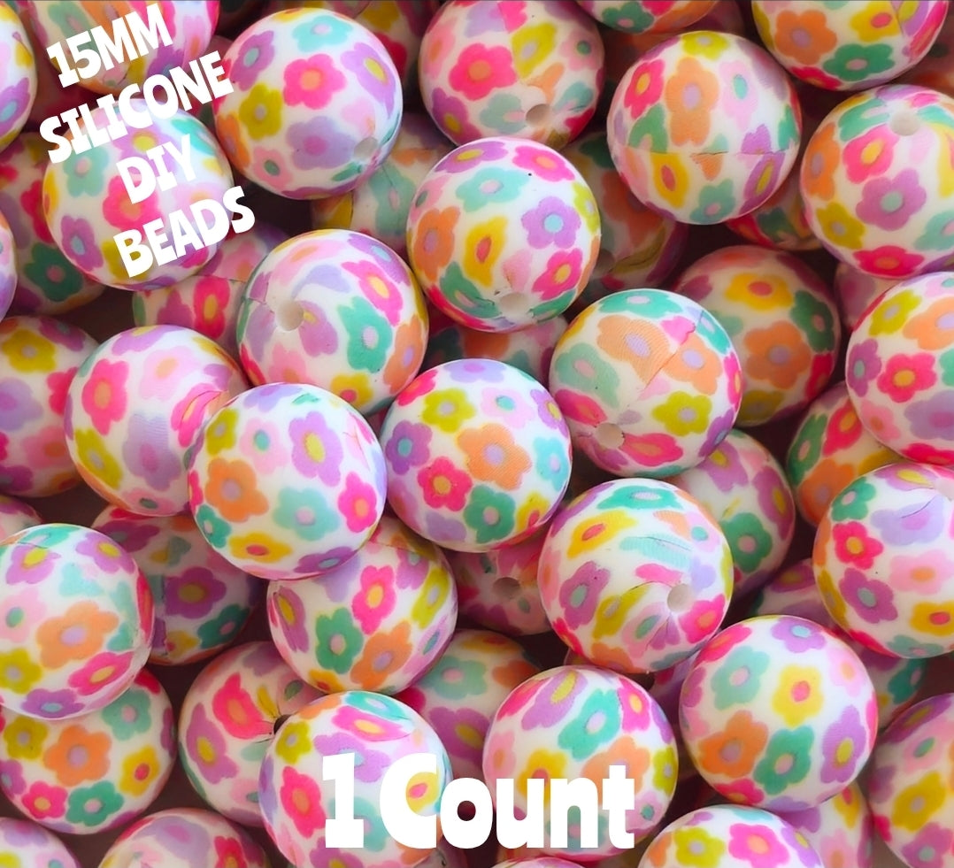 New 1 Count 15mm printed Multi Flowers silicone bead