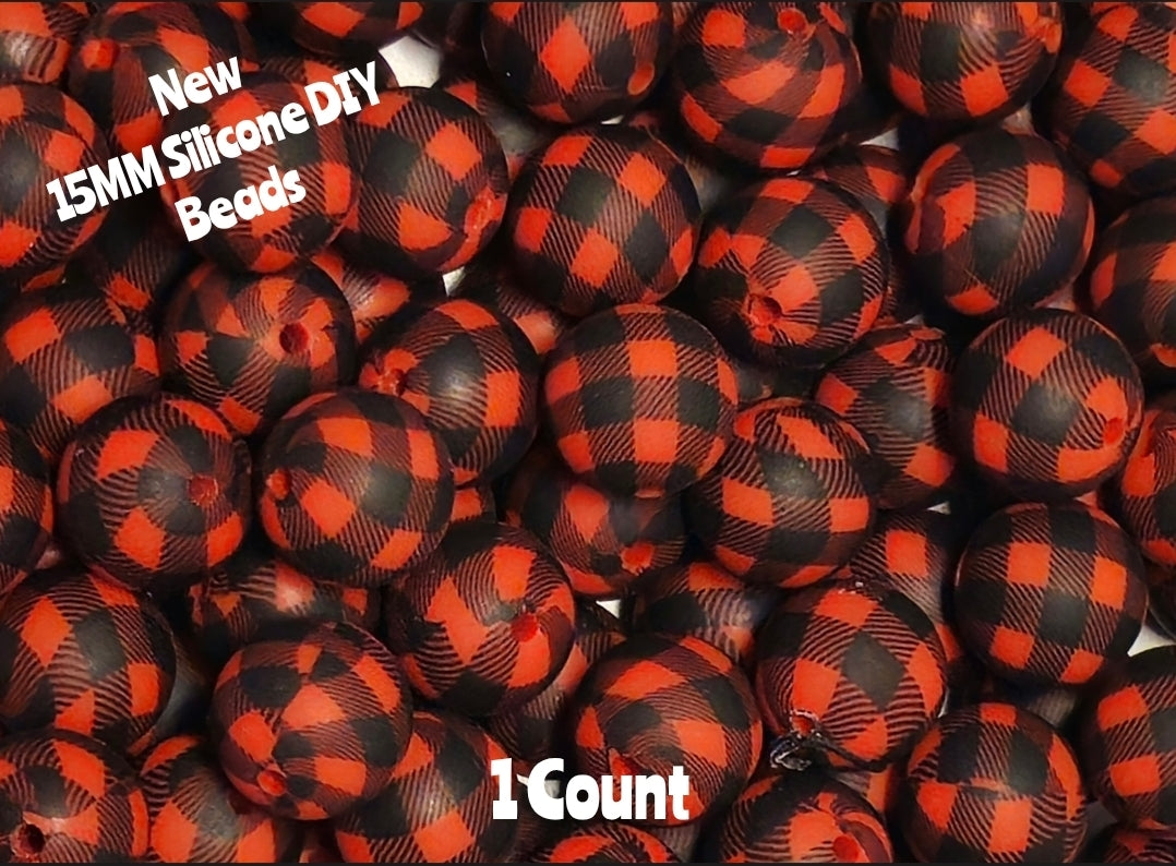 New 1 Count DIY Silicone Beads 15mm printed black red plaid beadable accessories