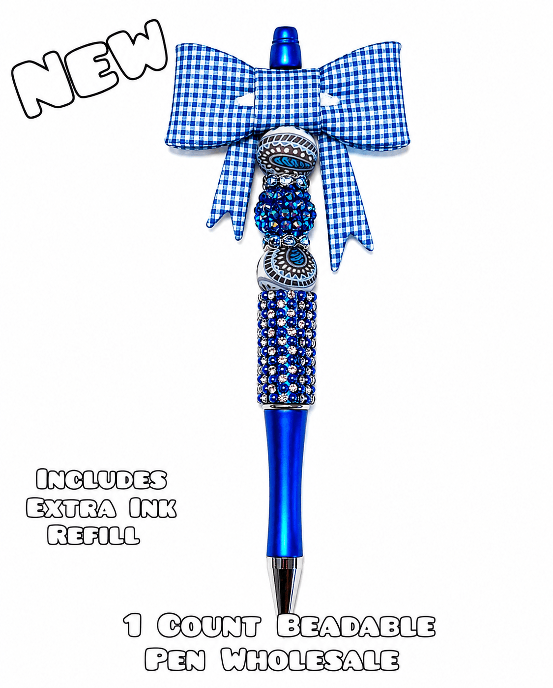Wholesale Beadable Pens 1 Count Big Bow Blue Plaids Paisley Style Completed Pen