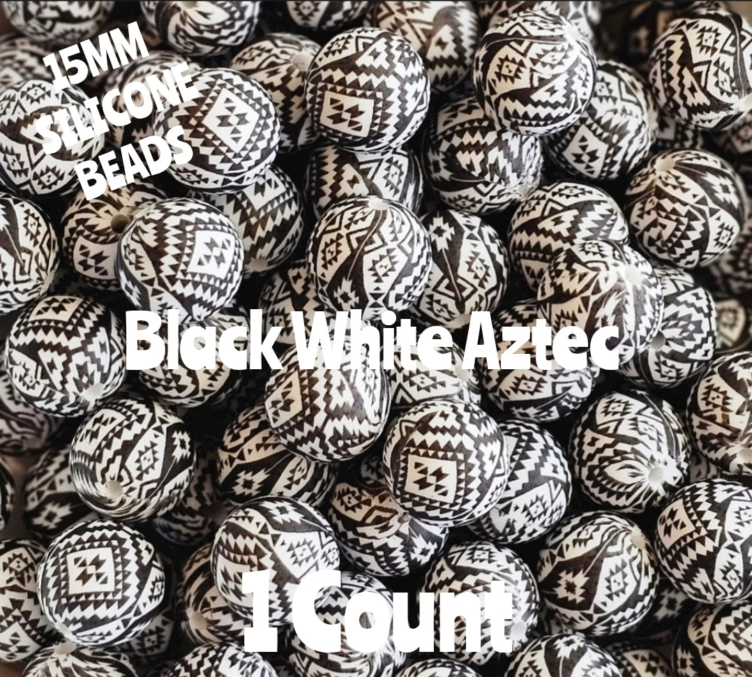 New 1 Count 15mm printed Black White Aztec Country silicone bead