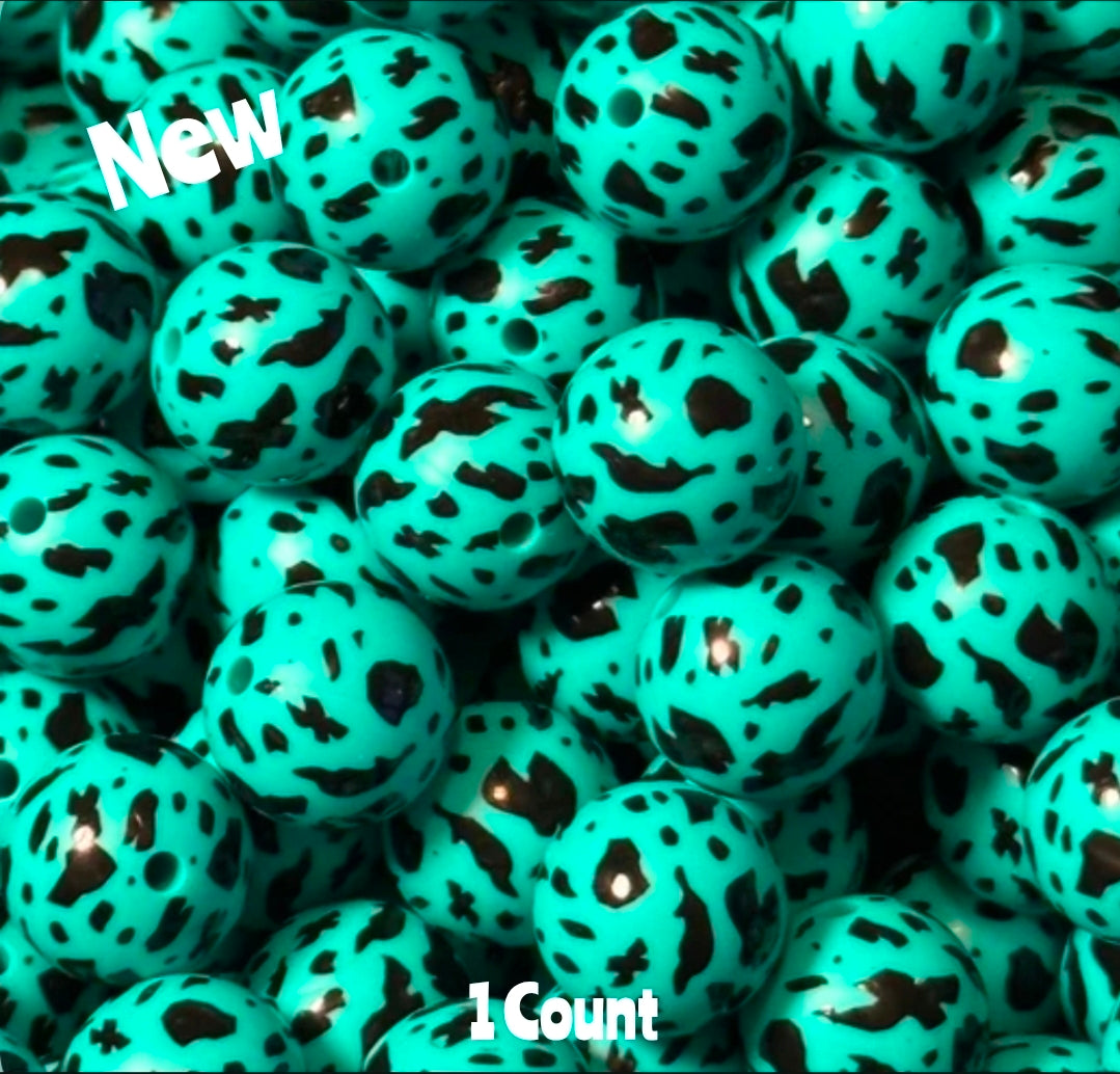 New 15mm 1 Count Bold Teal Cow Country printed silicone bead