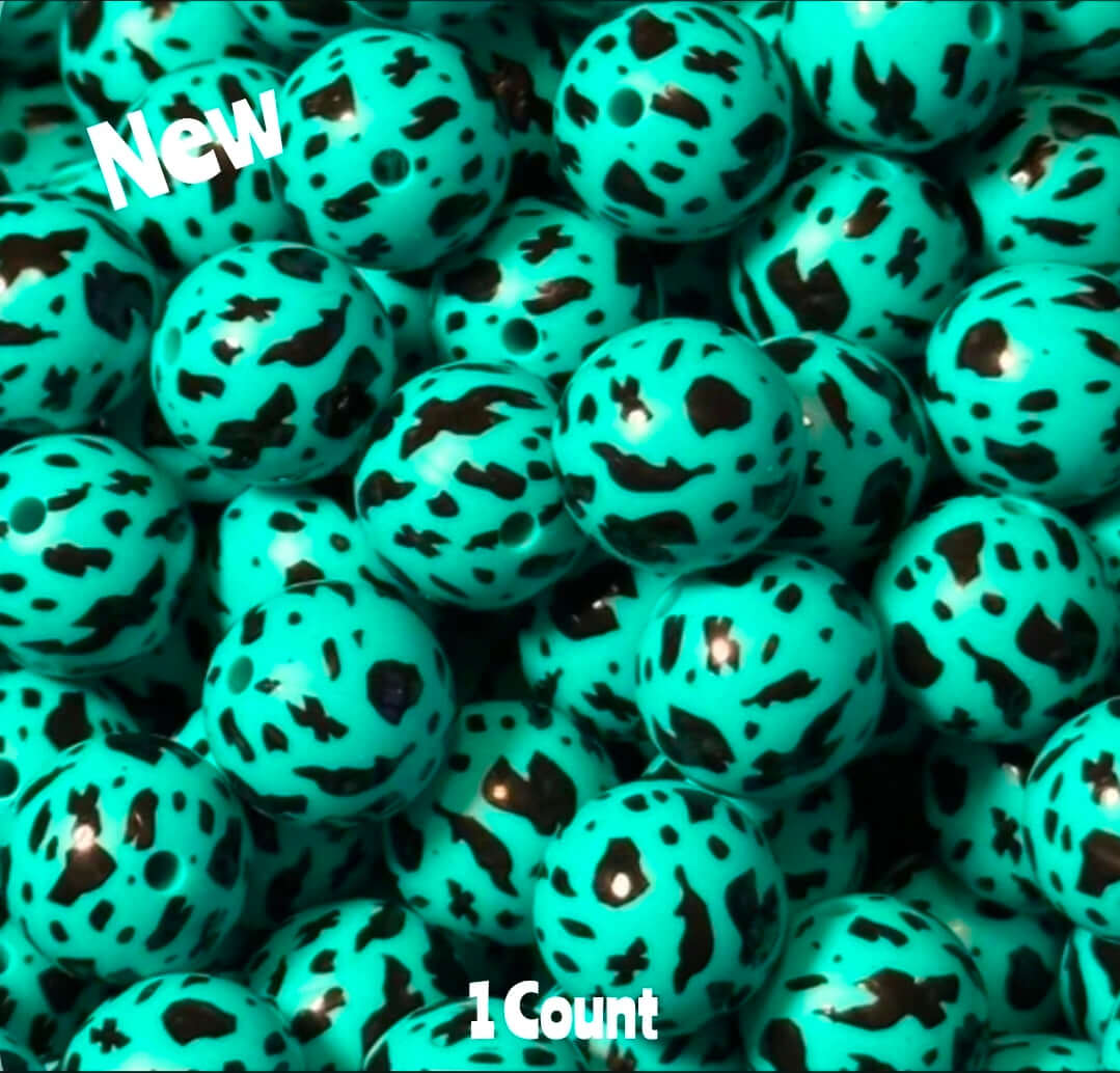 New 15mm 1 Count Bold Teal Cow Country printed silicone bead