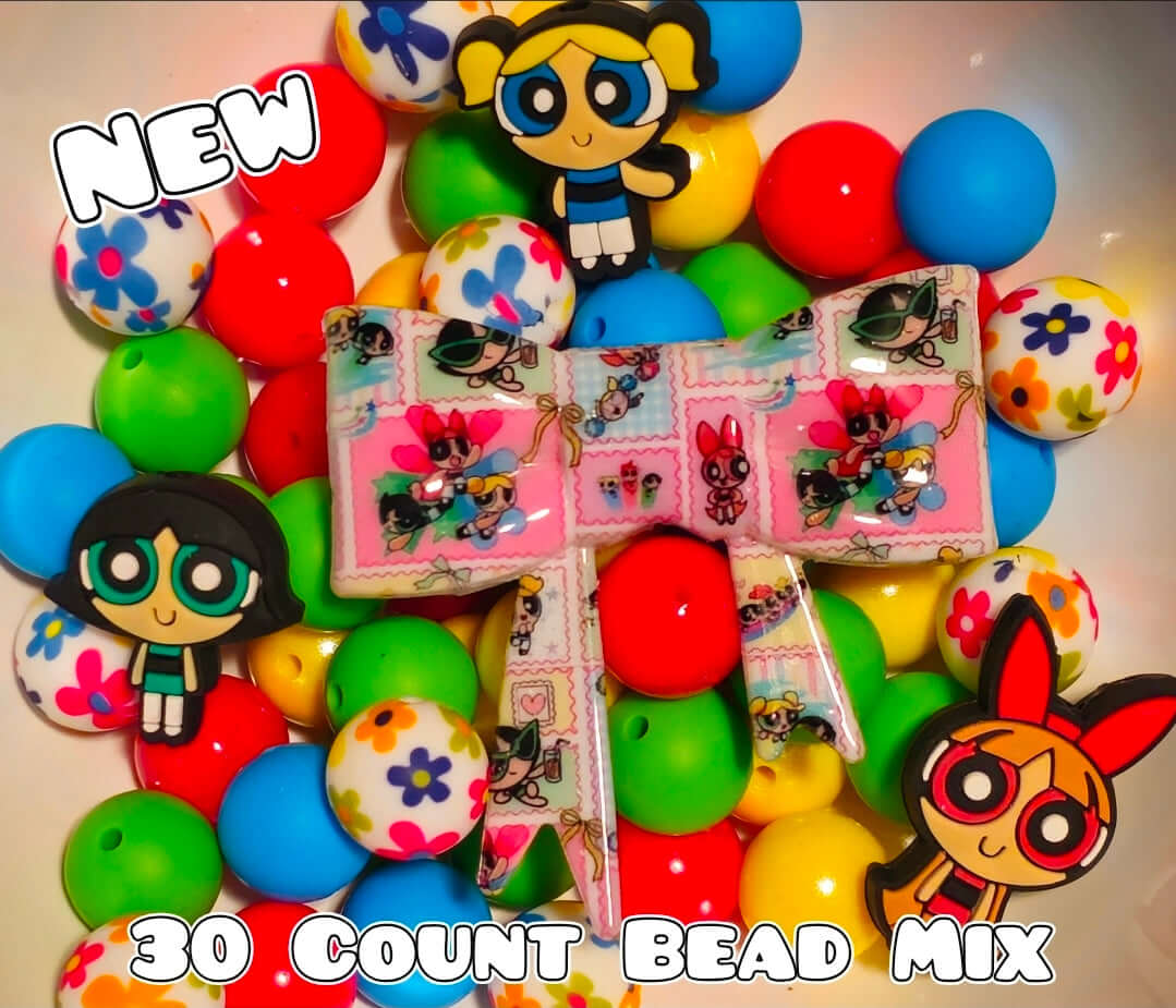 30 Count Silicone Bead Mix Powder Puff Girls