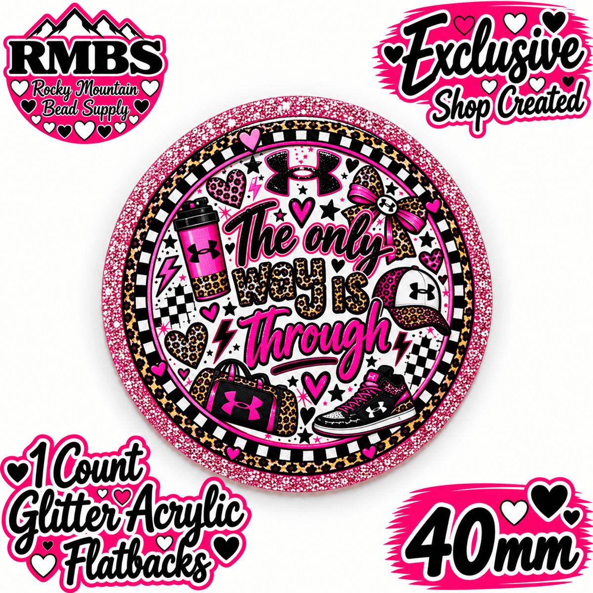 Exclusive 1 Count Custom Exclusive Glitter Acrylic Flatback 40mm UNDER ARMOUR PINK