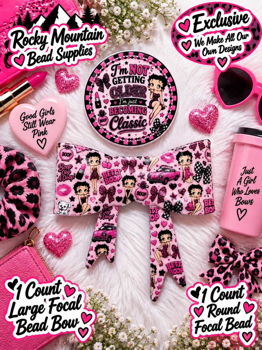 New Shop Exclusive 1 Count Large Silicone Bow 1 Count Focal Bead Round Betty Boop
