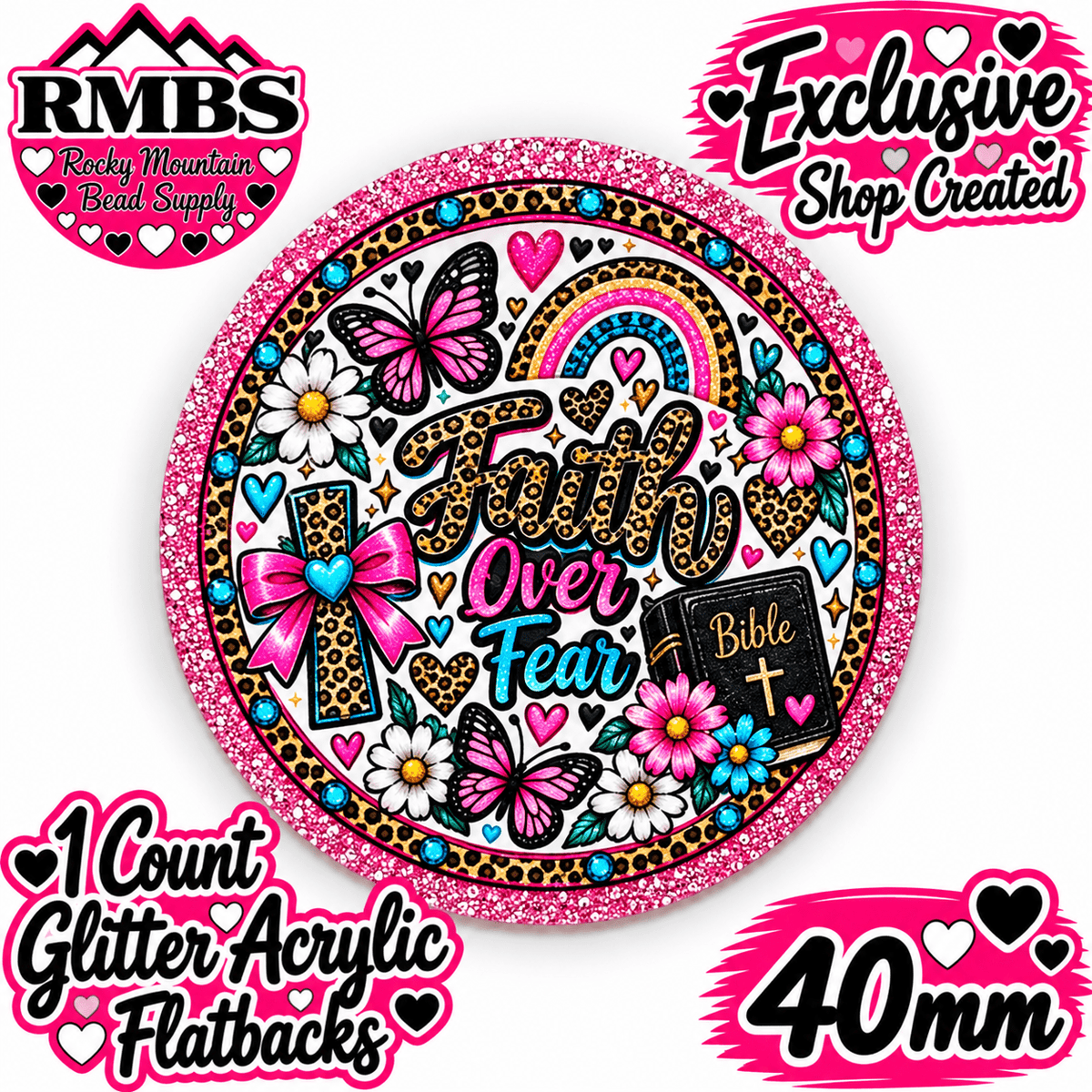 Exclusive 1 Count Custom Exclusive Glitter Acrylic Flatback 40mm FAITH OVER FEAR RAINBOW