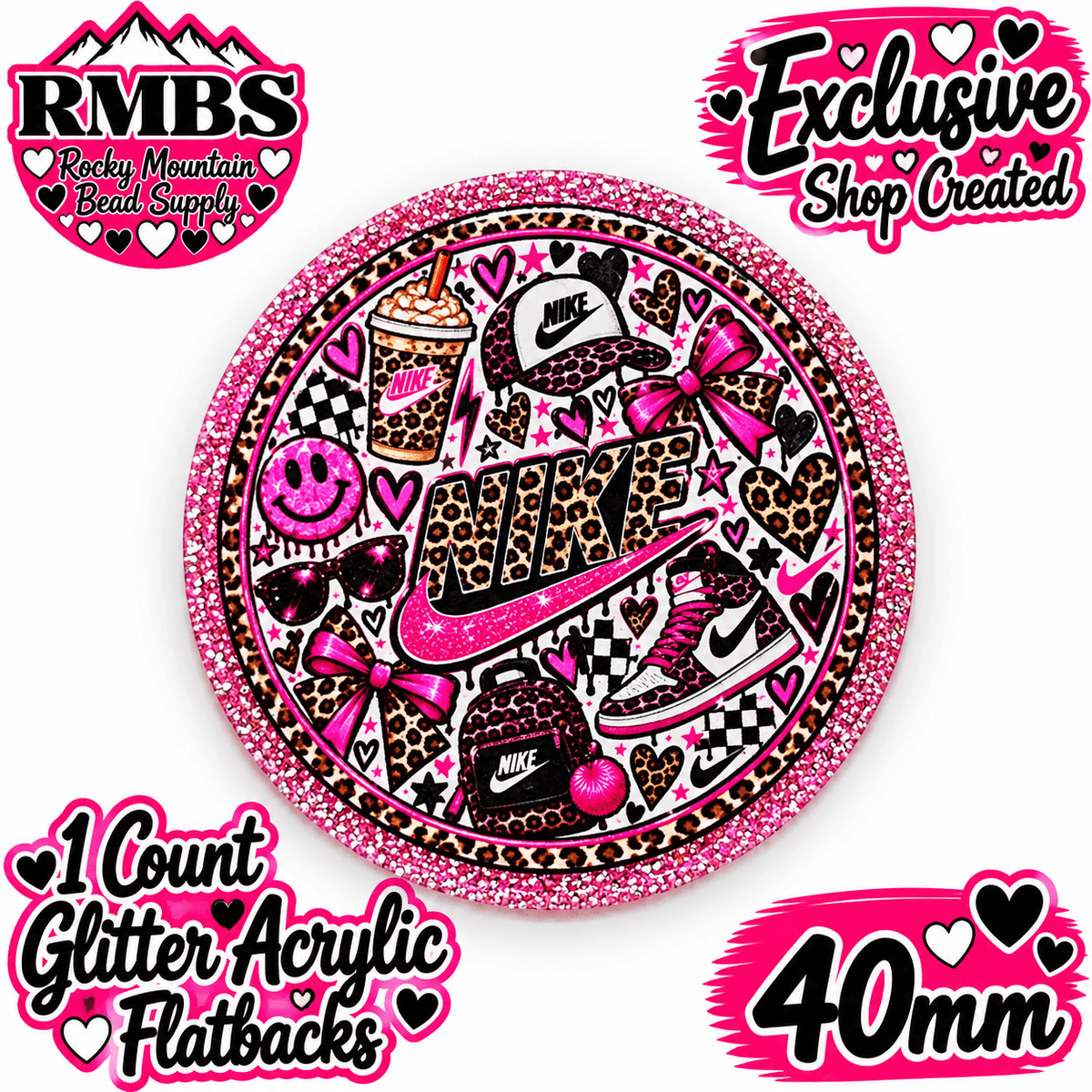 Exclusive 1 Count Custom Exclusive Glitter Acrylic Flatback 40mm NIKE PINK
